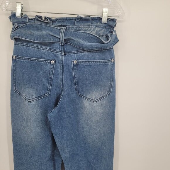 Pretty little thing womens UK 10 US 6 blue paper bag belted waist raw hem jeans - Picture 6 of 8